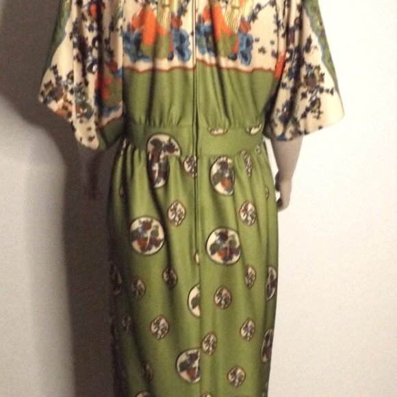 Vintage 60s Leslie Fay Original Maxi Dress – Japanese Art Print – Olive Green – - Picture 7 of 8